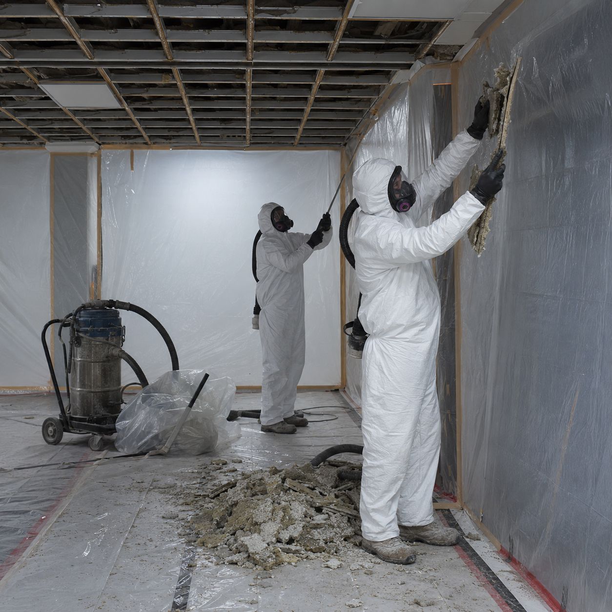 Certified asbestos abatement team removing asbestos wall insulation inside containment