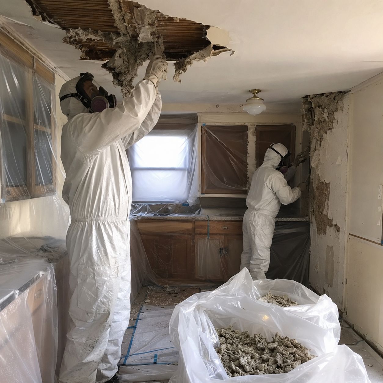 Licensed technicians sealing containment in residential hallway before asbestos removal