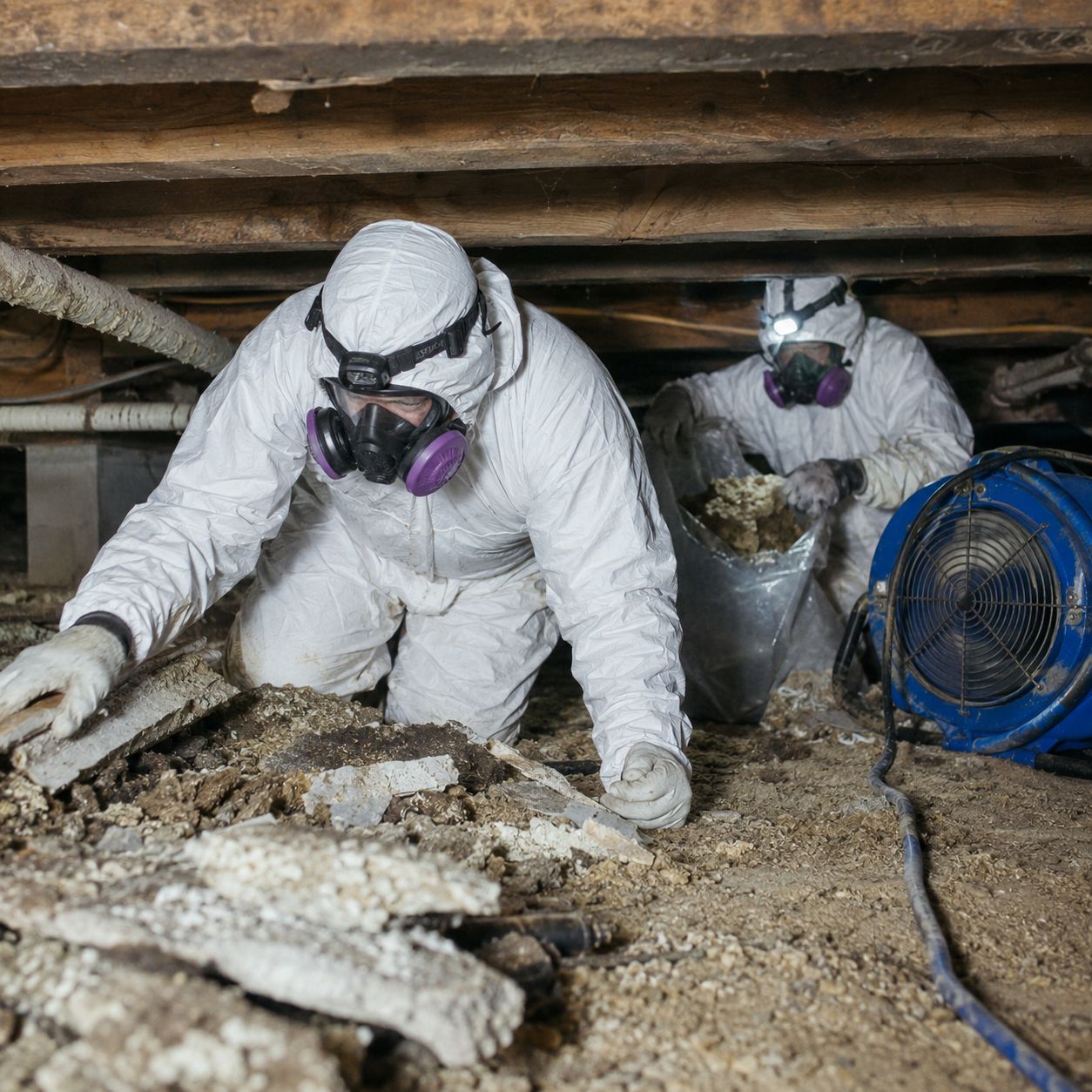 EPA certified specialists bagging asbestos waste in sealed containment zone